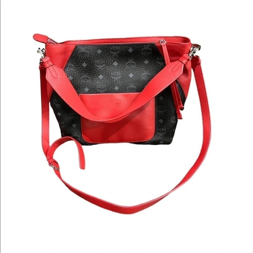 MCM Black/ Red Visetos Medium Klara Hobo Bag​​​​​​​​​​​​